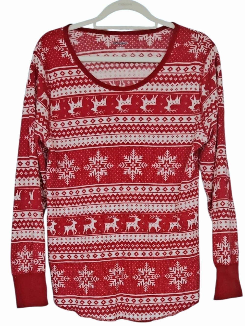 Old Navy Women's Thermal Knit Waffle Knit Long Sleeve Deer Fair Isle Top XL